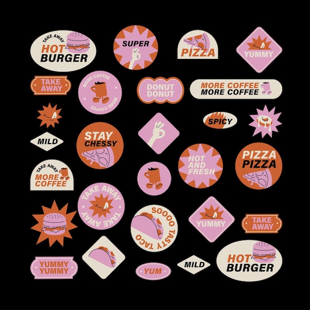 Conjunto vectorial de pegatinas retro de comida rápida Insignias de parche coloridas para café de comida chatarra