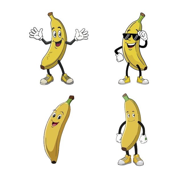 Conjunto vectorial de personajes de dibujos animados de plátano divertidos con expresiones lúdicas y alegres