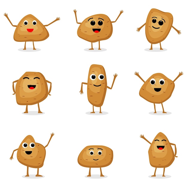 Conjunto vectorial de personajes de patatas Patatas de dibujos animados Personajes de verduras lindas