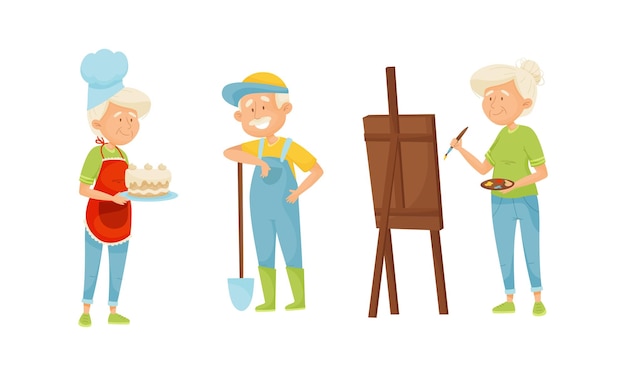 Conjunto vectorial de personas de edad avanzada dedicadas a diferentes actividades