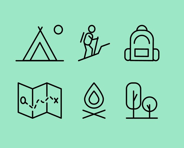 Conjunto vectorial de pictogramas para caminatas en estilo de contorno, incluidos mapas turísticos, árboles, campfiretent