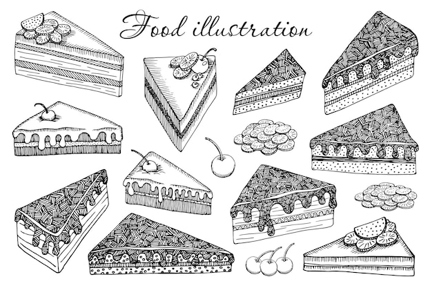 Conjunto vectorial de piezas de pastel tarta de queso Ilustración vectorial de dulces en estilo boceto Elementos dibujados a mano aislados del fondo