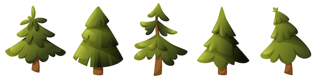 Conjunto vectorial de pinos y abetos de dibujos animados verdes de diferentes formas Pino de árbol forestal para el paisaje