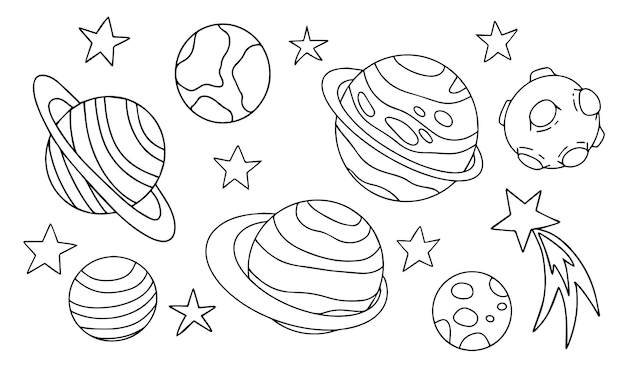 Conjunto vectorial con planetas del espacio exterior, estrellas y cometas Libro de colorear para niños en estilo doodle