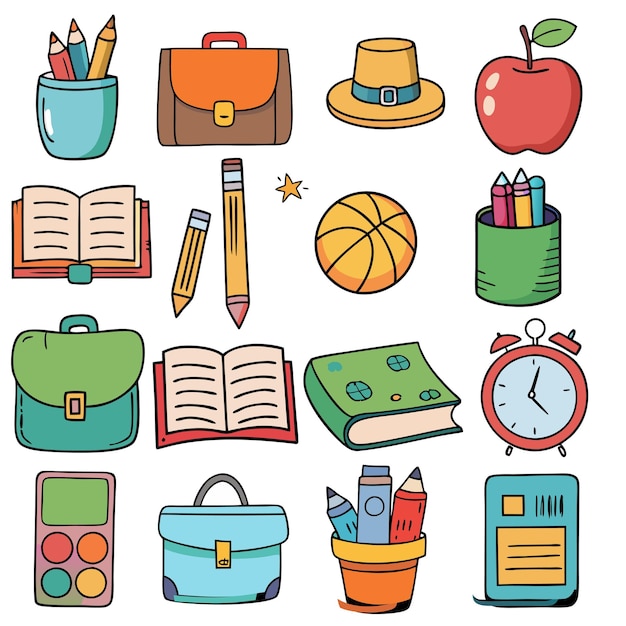 Conjunto vectorial plano de composiciones con objetos relacionados con el tema de la educación De vuelta a la escuela