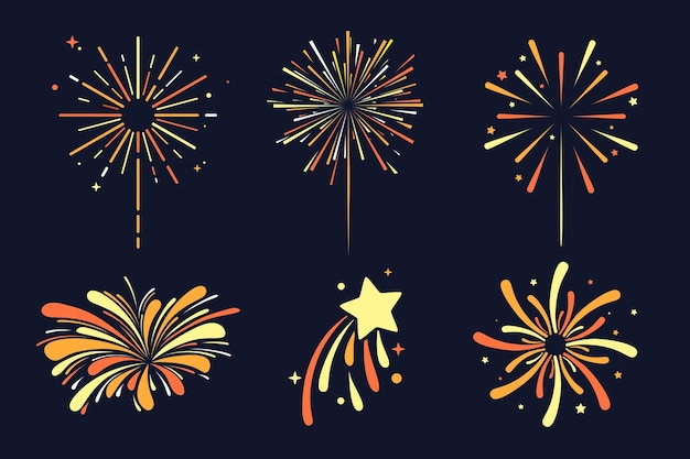 Vector conjunto vectorial plano de ilustración de fuegos artificiales para un feliz evento de celebración