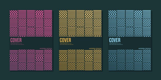 Conjunto vectorial de plantilla de diseño de portada con patrones geométricos mínimos, degradado de color moderno. folleto
