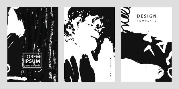 Conjunto vectorial de plantillas de banners de portadas de moda folleto de volantes de tinta de pincel blanco y negro de arte grunge