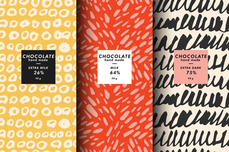 Conjunto vectorial de plantillas cubierta abstracta contemporánea y patrones para envases de chocolate y cacao con etiquetas fondos modernos mínimos