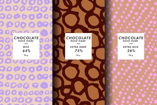 Conjunto vectorial de plantillas cubierta abstracta contemporánea y patrones para envases de chocolate y cacao con etiquetas fondos modernos mínimos