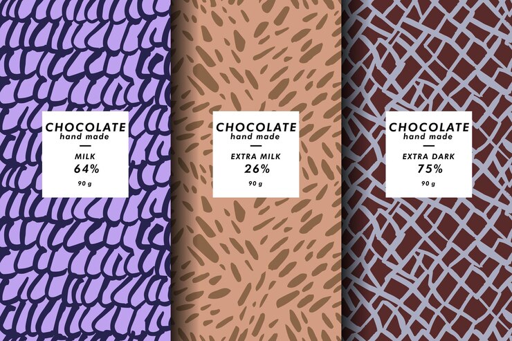 Conjunto vectorial de plantillas cubierta abstracta contemporánea y patrones para envases de chocolate y cacao con etiquetas fondos modernos mínimos