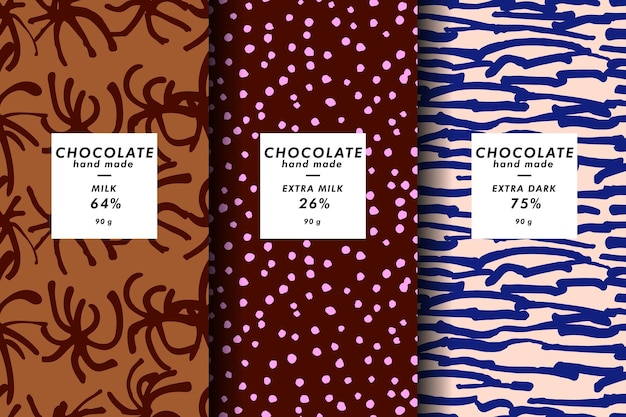 Conjunto vectorial de plantillas cubierta abstracta contemporánea y patrones para envases de chocolate y cacao con etiquetas fondos modernos mínimos