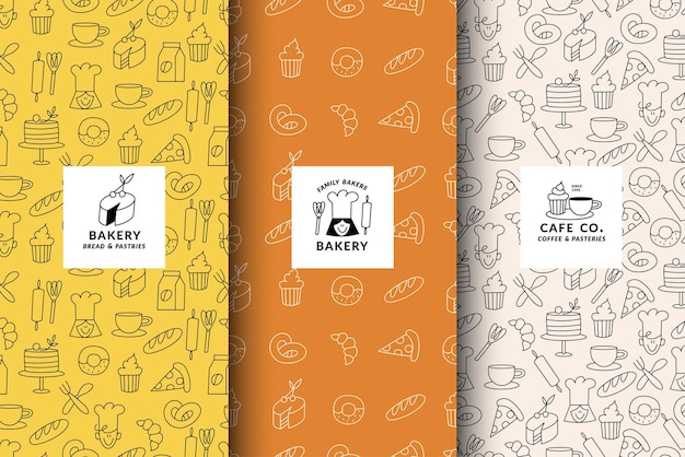 Conjunto vectorial de plantillas de diseño y elementos para envases de panadería en estilo lineal de boceto de moda Elementos de garabateo dibujados a mano con etiqueta de diseño