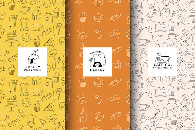 Vector conjunto vectorial de plantillas de diseño y elementos para envases de panadería en estilo lineal de boceto de moda elementos de garabateo dibujados a mano con etiqueta de diseño