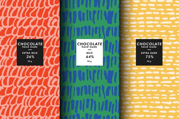 Conjunto vectorial de plantillas de portadas y patrones abstractos contemporáneos para envases de chocolate y cacao