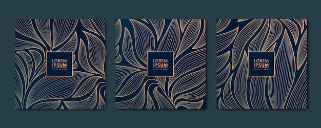 Conjunto vectorial de plantillas de publicación de tarjetas cuadradas doradas de lujo abstractas para hojas de red social Fondo de papel tapiz botánico moderno art deco Textura de patrón para diseño de empaque de tela impresa