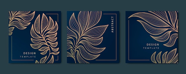 Conjunto vectorial de plantillas de publicación de tarjetas cuadradas doradas de lujo abstractas para hojas de red social Fondo de papel tapiz botánico moderno art deco Textura de patrón para diseño de empaque de tela impresa
