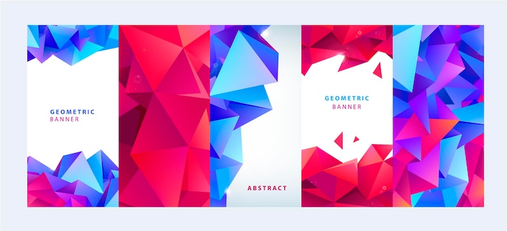 Vector conjunto vectorial de portadas geométricas facetadas y plantillas de diseño de carteles formas triangulares coloridas abstractas de moda ilustración banners folletos folletos historias de redes sociales páginas post plantillas