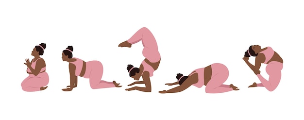 Vector conjunto vectorial de posturas de yoga sobre un fondo blanco mujer afroamericana haciendo yoga