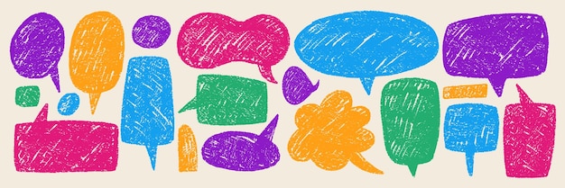 El conjunto vectorial presenta burbujas de habla dibujadas a mano utilizando texturas de lápiz y lápiz de colores