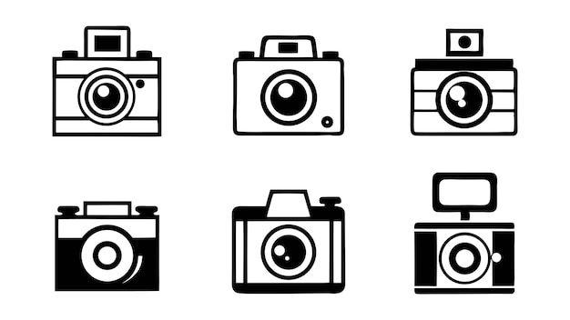 Un conjunto vectorial presenta una colección de íconos de cámaras fotográficas antiguas que ilustran el conjunto de ícones de cámaras retro