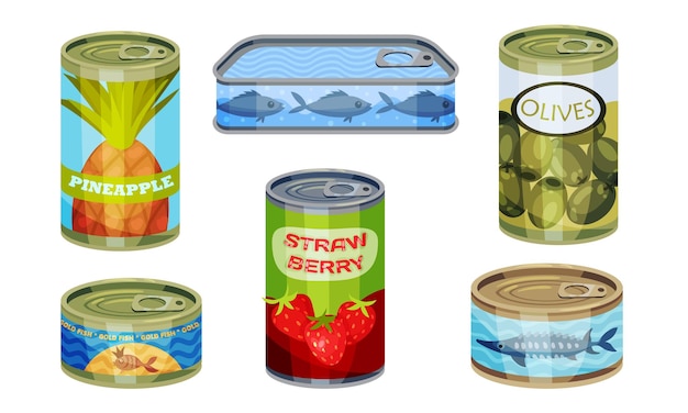 Vector conjunto vectorial de productos enlatados o alimentos con piña y aceitunas
