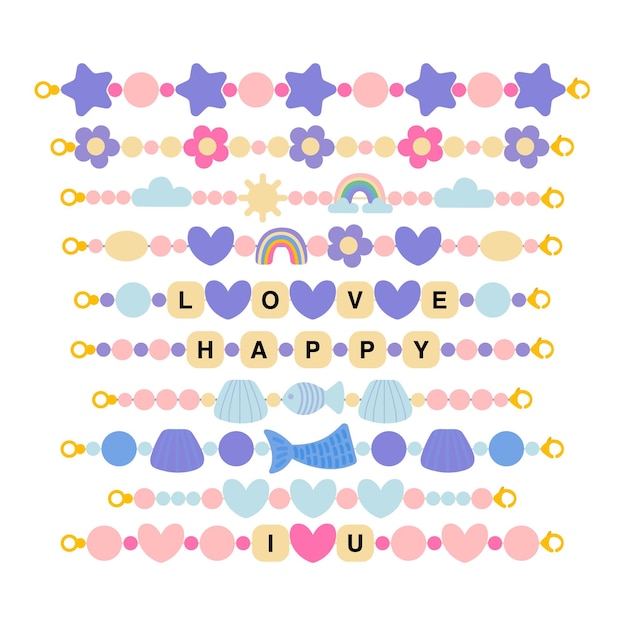 Vector conjunto vectorial de pulseras de cuentas de plástico. pulseras funky de amor con estrellas de sirena y conchas.