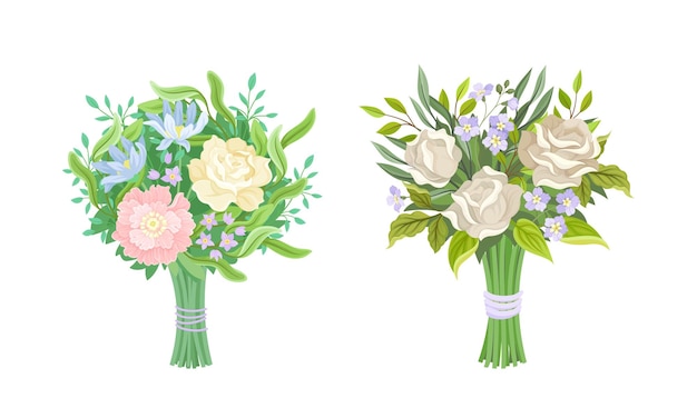 Conjunto vectorial de un racimo de flores exuberantes con ramas de hojas verdes