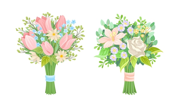 Conjunto vectorial de un racimo de flores exuberantes con ramas de hojas verdes