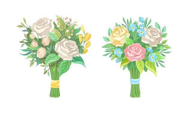 Conjunto vectorial de un racimo de flores exuberantes con ramas de hojas verdes