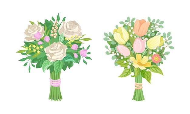 Conjunto vectorial de un racimo de flores exuberantes con ramas de hojas verdes