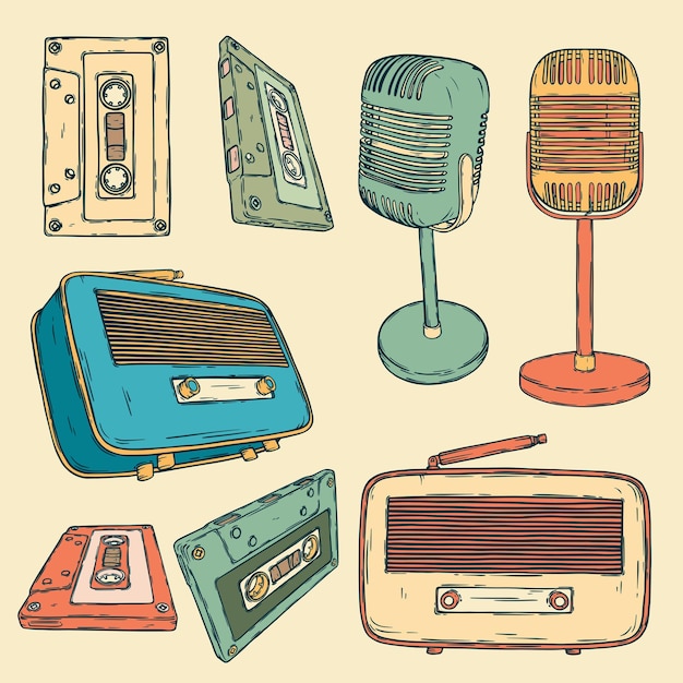 Vector conjunto vectorial de radio cassette de audio retro micrófono aislado en blanco conjunto de música de anuncios publicitarios