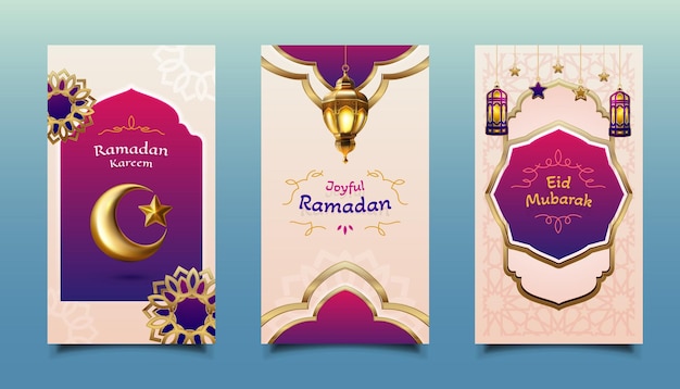 Conjunto vectorial de Ramadán y Eid Mubarak cartel de retrato plantilla de saludos islámicos