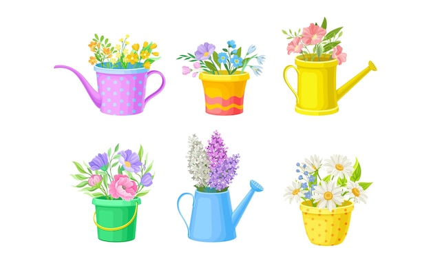 Conjunto vectorial de ramos de flores mixtos en cubos y latas de riego