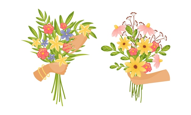 Conjunto vectorial de ramos o ramos de flores en flor en la mano