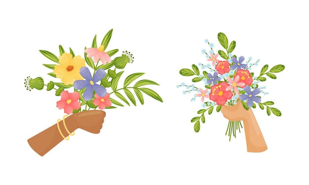 Conjunto vectorial de ramos o ramos de flores en flor en la mano