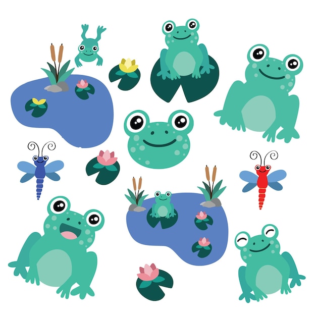 Vector conjunto vectorial de ranas de dibujo lindo