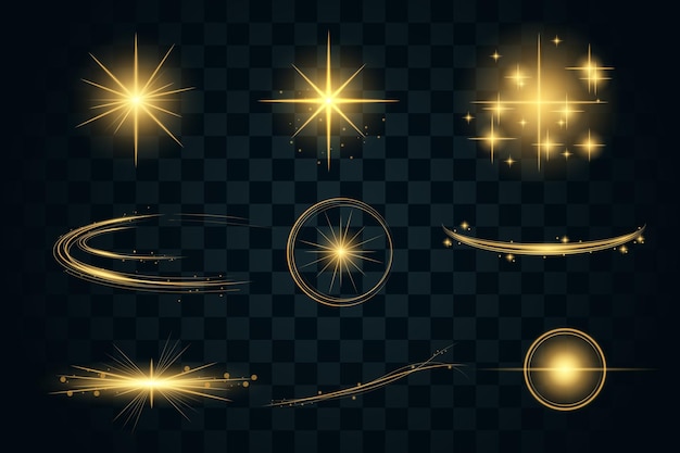 conjunto vectorial de rayas de luz transparente dorada de la lente