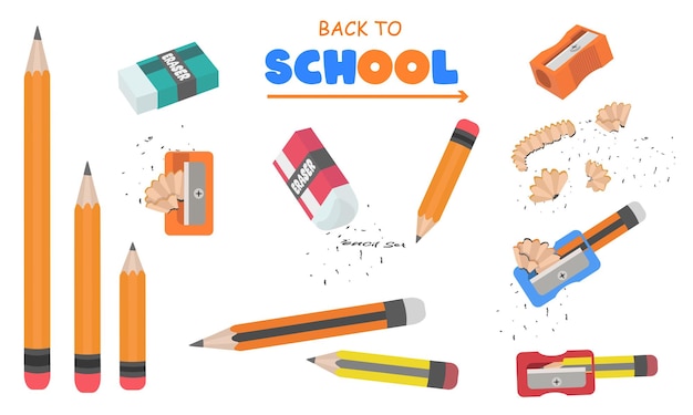 Conjunto vectorial de regreso a la escuela Colección de papelería Suministros escolares Lápiz borrador Lápiz afilador
