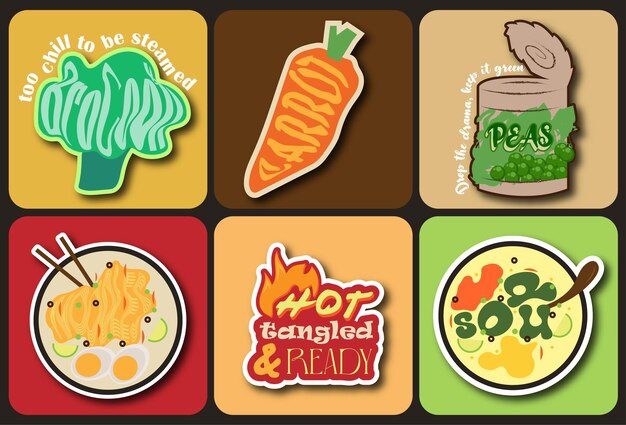 Conjunto vectorial relacionado con sopa de verduras y fideos de iconos de pegatinas y elementos de diseño de infografías