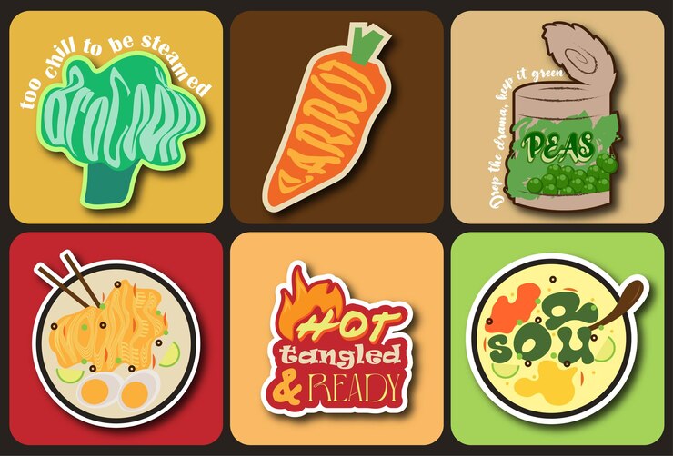 Conjunto vectorial relacionado con sopa de verduras y fideos de iconos de pegatinas y elementos de diseño de infografías