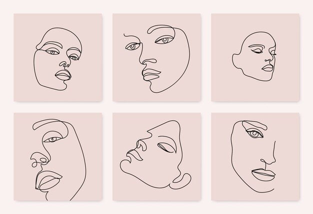 Conjunto vectorial de retratos de arte de una línea retratos continuos Rostros monoline femeninos abstractos Carteles de mujeres tarjetas publicaciones en redes sociales Estilo minimalista contemporáneo