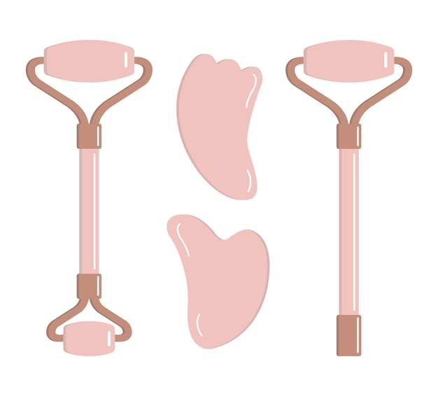 Conjunto vectorial de rodillo de cuarzo rosa plano y gua sha