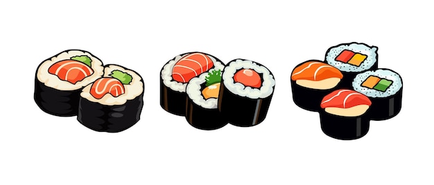 Vector conjunto vectorial de rollos de sushi de cocina japonesa aislados en ilustración vectorial plana de pegatina de comida blanca