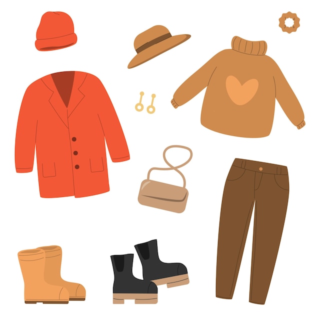 Vector conjunto vectorial de ropa de moda ropa y accesorios para mujeres ilustración vectorial plana isola