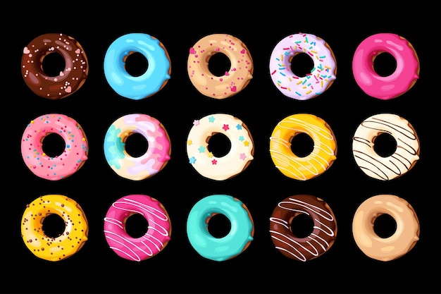 Conjunto vectorial de rosquillas sabrosas de alto detalle con esmaltes y salpicaduras