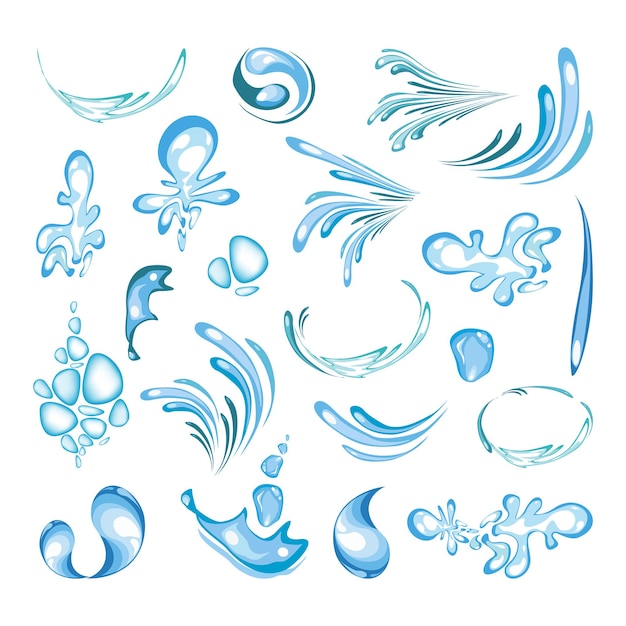 Conjunto vectorial de salpicaduras de agua azul gotas manchas líquidos