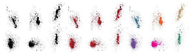Conjunto vectorial de salpicaduras de sangre naranja púrpura rojo trigo negro verde color acuarela pincel de pintura