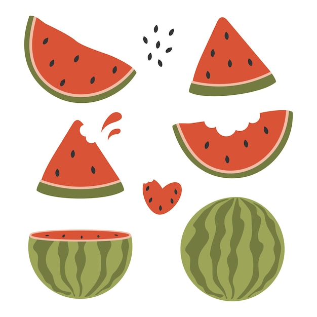 Conjunto vectorial de sandías sandía rebanada sandía corazón diseño de colección de frutas tropicales