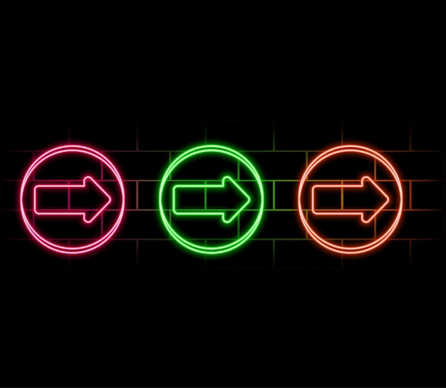 Conjunto vectorial de signo de neón aislado realista del logotipo de Arrow para decoración y plantilla de invitaciones